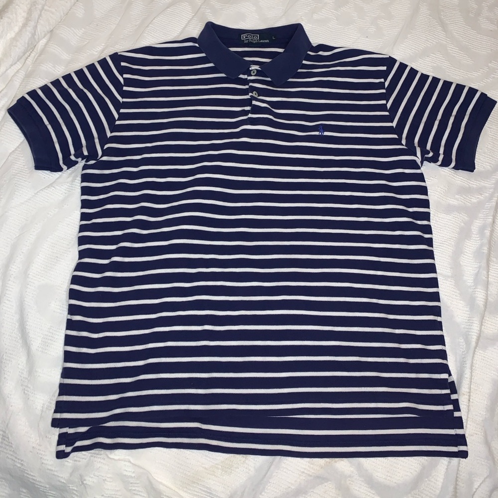 Navy and White Striped Polo Shirt
